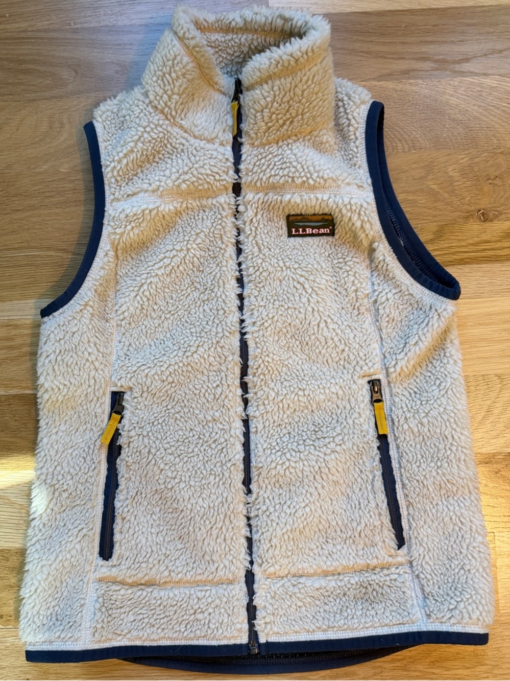 L.L. Bean Cream Sherpa Vest with Navy Trim and Yellow Zippers